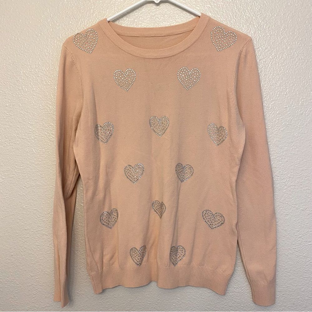 Vila Milano Long Sleeve Sweater pink Rhinestone Hearts wool nylon blend S/M